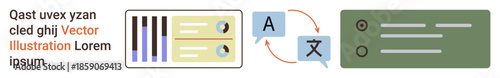 Language learning, translation services, education, communication, digital tools, multilingual applications. Diagram with arrows connecting text boxes and symbols. Language learning, translation