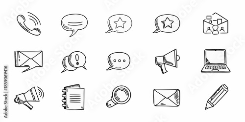 Collection of communication and office related icons in simple line art style