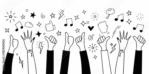Celebration doodles hands musical notes stars and positive symbols in black and white