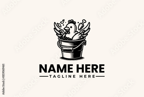 Black and white illustration of a bucket with wings and a rooster inside, accompanied by placeholder text for a logo and tagline on a beige background.