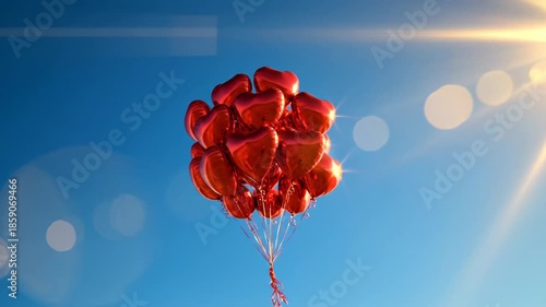Red Heart Balloons Flying High in Sky.