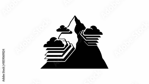 Abstract mountain peak with layered clouds and geometric elements, representing progress and elevation.