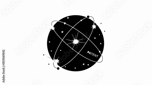 Abstract globe with orbiting elements and a central spark of innovation, representing ideas and patents.