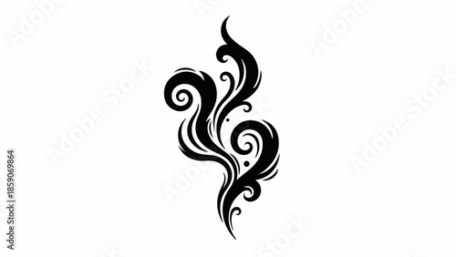 Elegant black swirling abstract flourish on a white background, evoking a sense of movement and creativity.