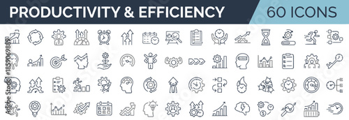 Pack of Productivity and Efficiency Linear Icons with Elements Such as Goal Setting Time Management Automation Optimization and Others