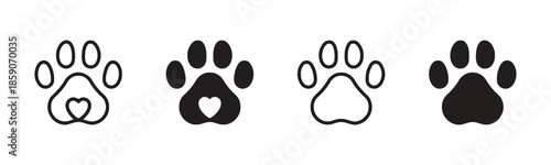Paw print with heart vector illustration silhouette animal domestic cat or dog pet puppy outline black white icon symbol love cute