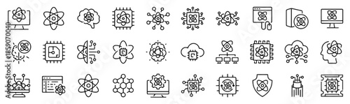 Outline Quantum Computing Technology Vector Concept with Computer, Atom, Artificial Intelligence, Microchip, Structure, Network, Cloud, Brain, Processor, Science on White Background