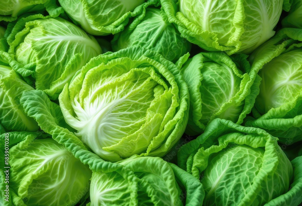 Fototapeta premium Many light green cabbages, tightly packed together