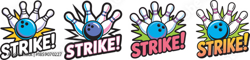 Bowling strike cartoon vector set with blue balls and pins