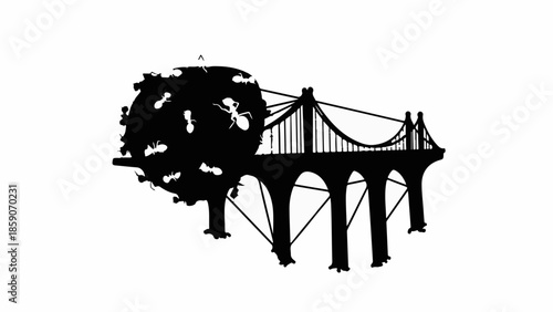 Silhouette of a globe covered in ants connected to a suspension bridge, symbolizing global challenges.