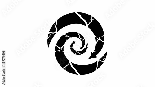 Abstract spiral vortex with cracked surface and arrow indicating direction