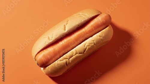 Close Up of a Hot Dog on an Orange Background with Shadow