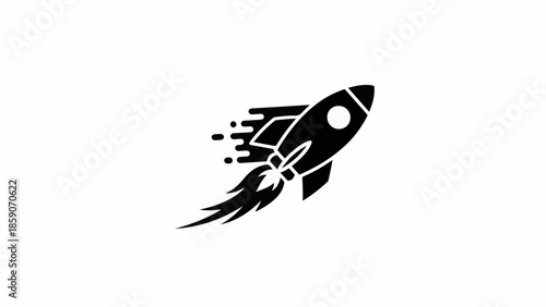 Sleek black rocket ship blasting off with fiery exhaust and motion blur