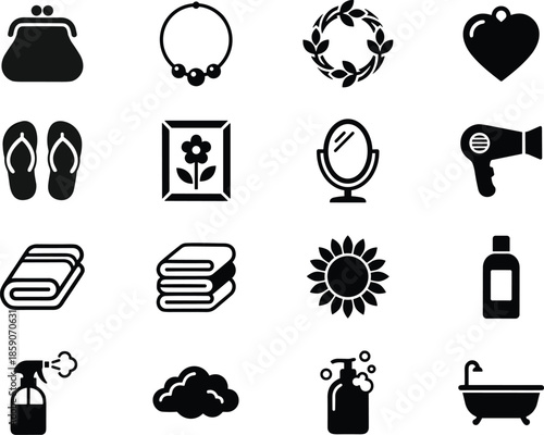 Beauty spa and lifestyle icon set in solid black style, cosmetic fashion wellness symbols graphic collection