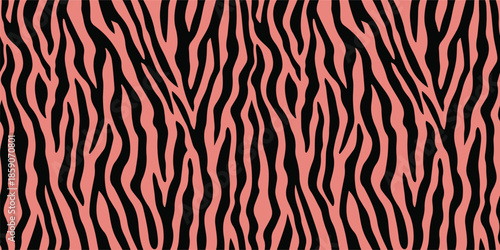 Trendy animal print with dark brown stripes over muted coral background, seamless zebra fur pattern for textile, wallpaper, modern fashion, wrapping paper, abstract jungle inspired surface design