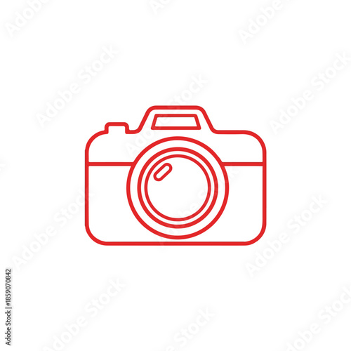 A simple red line drawing of a camera on a white background