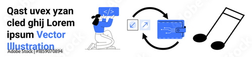 Financial technology, coding process, digital transactions, creative design, software development, music data. a person coding, a digital wallet and musical notes. Financial technology and coding