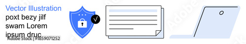 Data security, authentication, digital safety, cybersecurity, privacy protection, technology. Blue shield with lock, document and laptop. Data security and authentication visualization