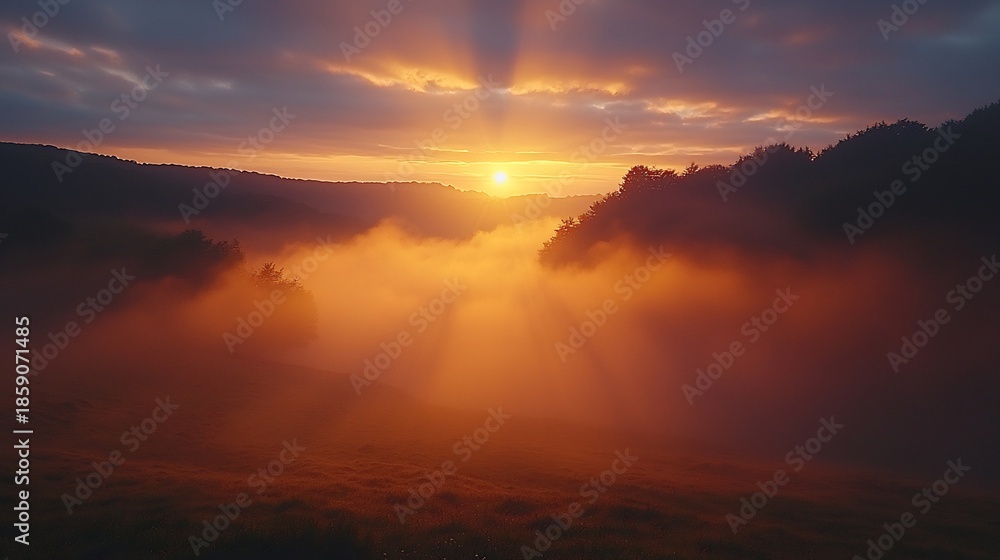Fototapeta premium Stunning Sunset Over a Foggy Wilderness Vista With Silhouettes of Mountain Trees and Golden Light Across the Landscape