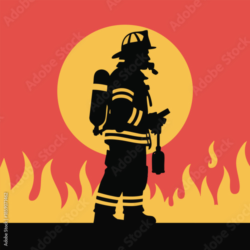 Firefighter silhouette in full protective gear standing amidst flames and a prominent yellow sun, vector illustration.