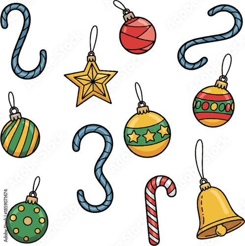 Colorful Christmas Ornaments and Hooks for Holiday Decoration.