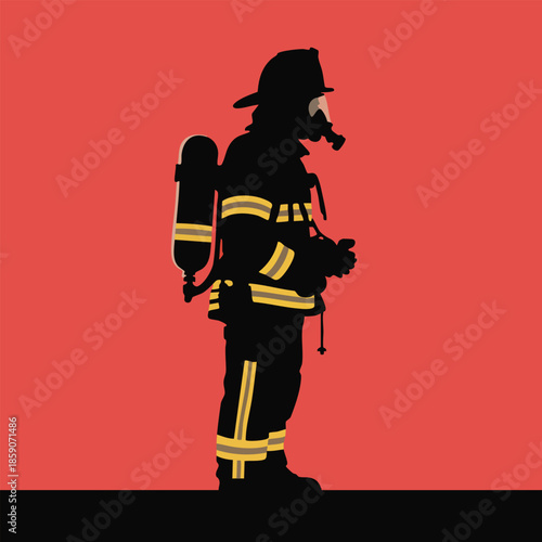 Firefighter silhouette in full protective gear standing against a vibrant red background, vector illustration.