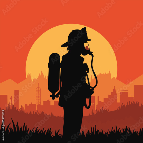 Firefighter silhouette standing in tall grass with a city skyline and mountains against an orange sunset, vector.