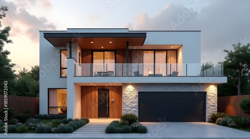 Modern Two Story Luxury House Exterior With Minimalist Architecture, Glass Balcony, And Warm Sunset Lighting