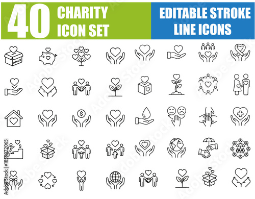 Charity and Humanitarian Line Icons Set, Editable Stroke Vector Illustration of Donation, Volunteer, Help, Support, Social Care, Fundraising, Friendship and Community Aid