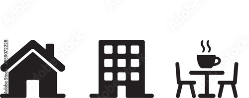 simple black icons of house building and table with coffee cup