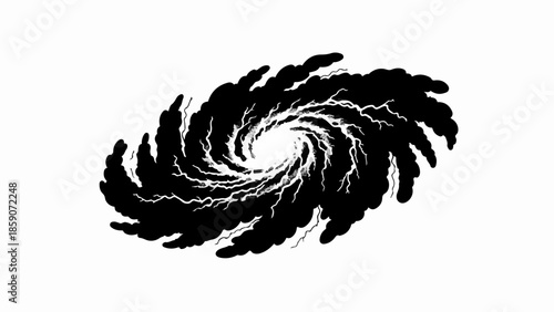Mysterious dark swirling vortex with lightning strikes on white background