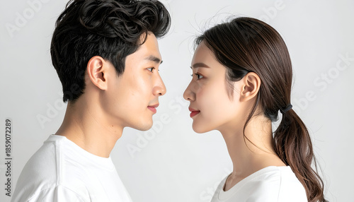 Couple looking at each other lovingly, minimal white studio setup, natural expressions