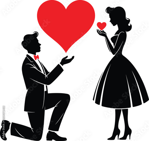 Man in tuxedo proposing with large red heart to woman holding small red heart love romance proposal marriage