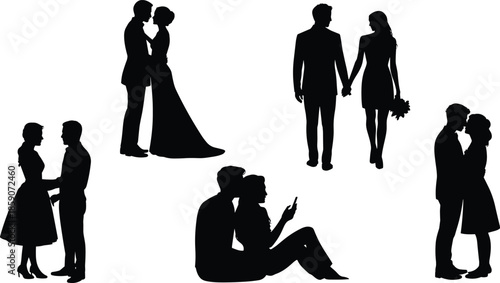 Multiple silhouette couples in various romantic poses and wedding attire love romance 1