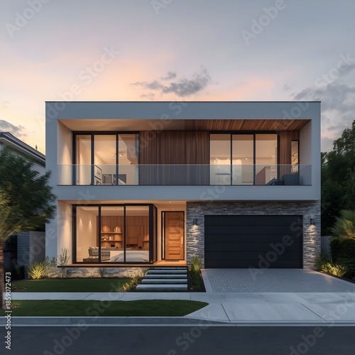 Modern Two Story Luxury House Exterior With Minimalist Architecture, Glass Balcony, And Warm Sunset Lighting