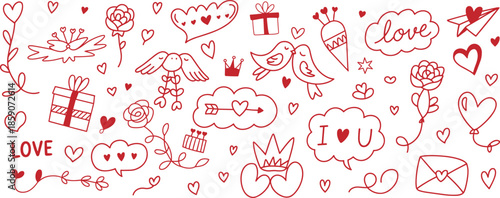 Red hand drawn doodle hearts roses gifts love birds and clouds valentine romance 1