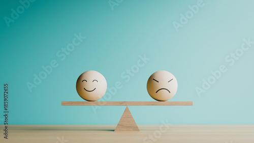 Happy and Angry Emoji Faces on Seesaw Balance Copy Space. 3d rendering