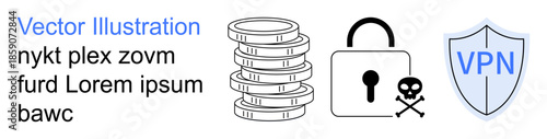 Cybersecurity, data protection, online privacy, network safety, encryption, digital threats. Coin stack, padlock with crossbones shield labeled VPN. Cybersecurity and data protection concept