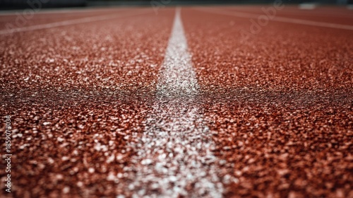 A close-up view of a red-brown paved road with clear white dividing lines, sharp texture in foreground,