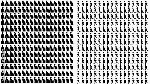 Crowd of people walking and standing in two distinct groups