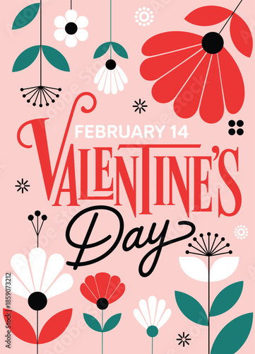 Valentine's Day greeting with red white flowers and text on pink background valentine day february 14