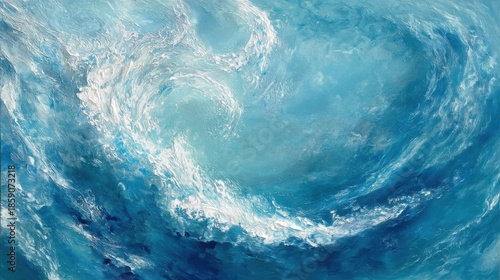 Dynamic swirling blue ocean waves with depth and movement, turbulent energy, fluid brushstrokes, breaking highlights,