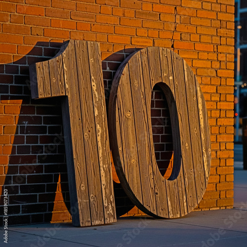 Large wooden number 10 against a brick wall