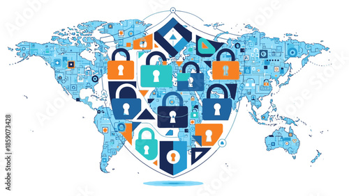 A shield with various locks and keys superimposed over a world map, symbolizing global geopolitics and security measures in a flat, graphic design style with a mix of blue, orange, and