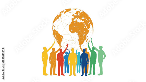 Illustration of diverse people standing together, holding up a large orange and white globe, symbolizing geopolitics and security, against a clean white background with a sense of unity and