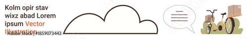 Communication, delivery services, logistics, online shopping, cloud storage, digital networks. Cloud outline with speech bubble and bicycle carrying packages. Communication and delivery services