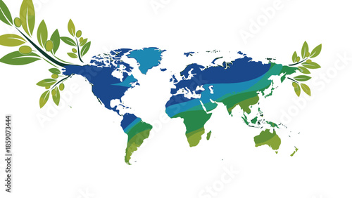 A colorful illustration of the world map with green leaves, symbolizing geopolitics and global security on a white background with a flat design style and calming mood.