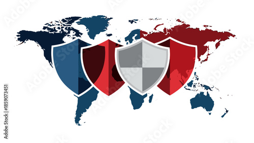 Graphic illustration of a world map with shields in red, white, and blue colors representing geopolitics and security on a clean white background.