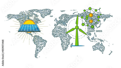 Illustration of a world map with solar panel and wind turbine, representing geopolitics and security in renewable energy, against a clean white background with a professional and