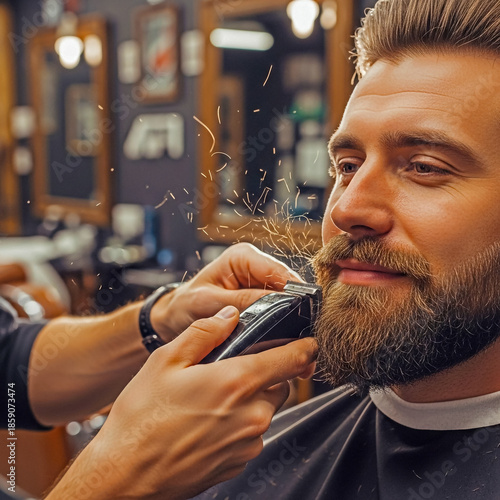 Man getting beard trimmed with electric razor in barbershop